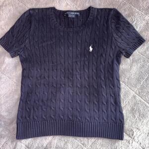 Ralph Lauren Navy Cable Knit Short-Sleeve Crewneck Sweater with White Pony